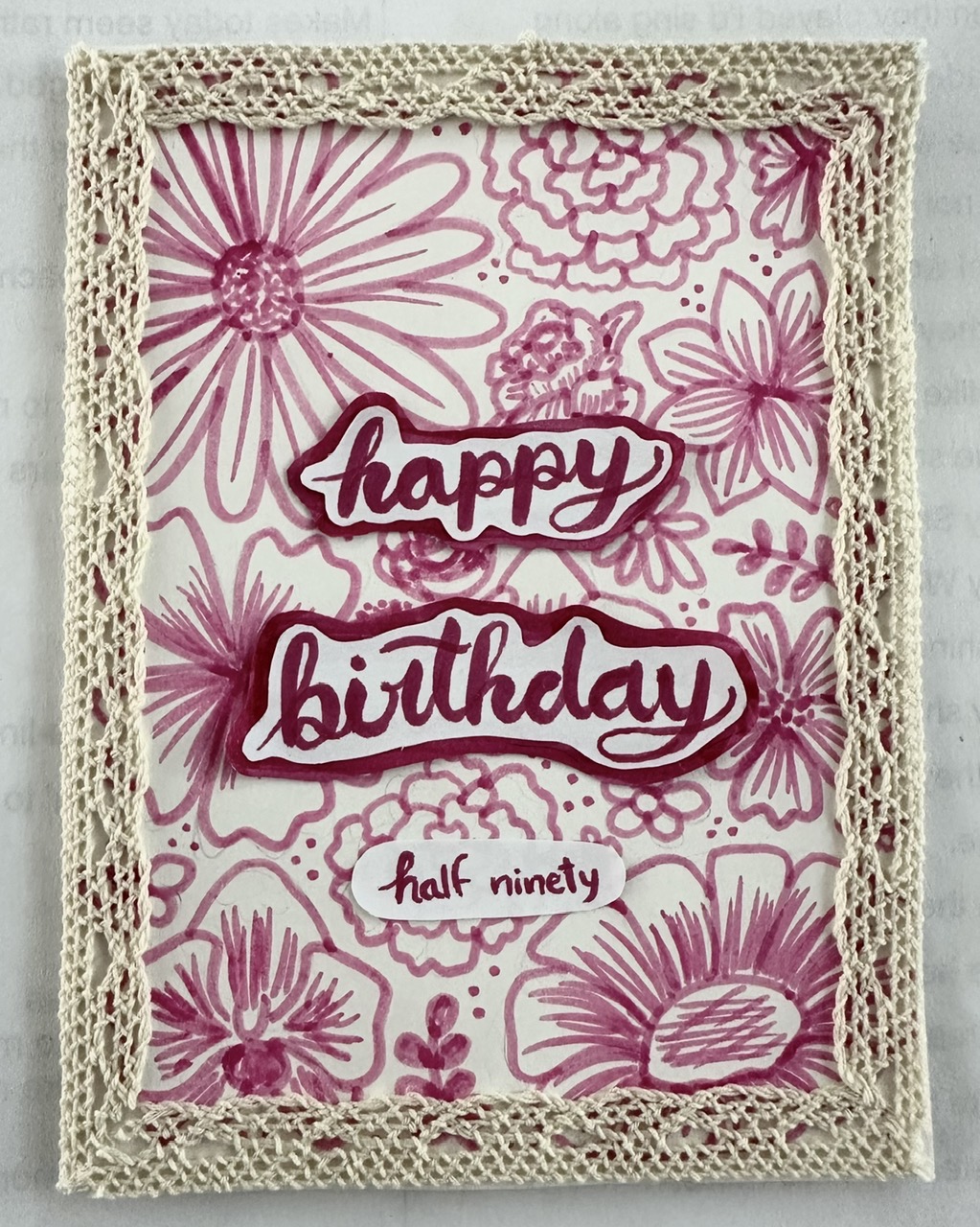 Pink floral handmade birthday card with delicate lace edging