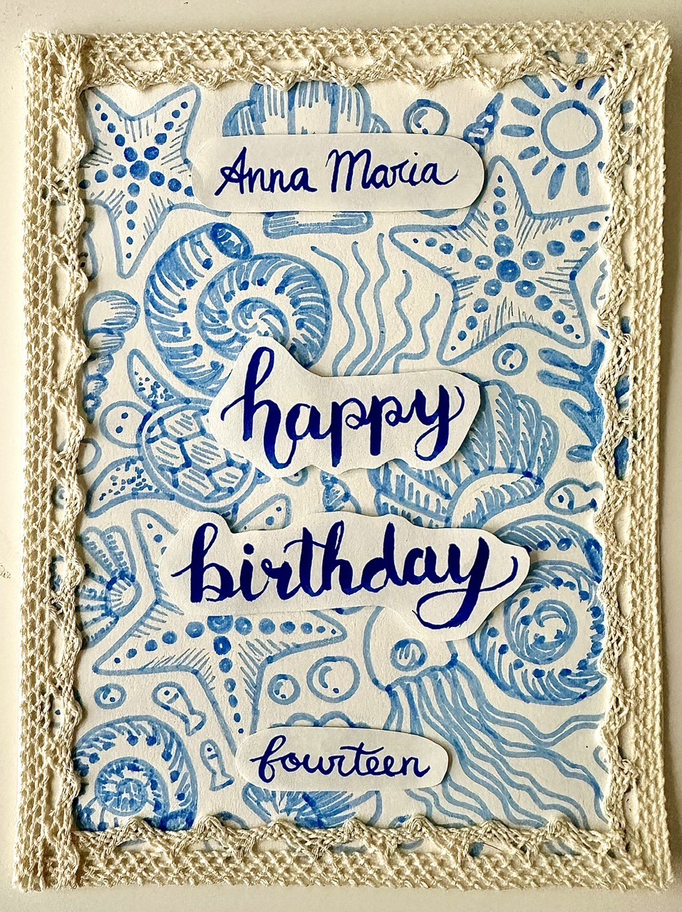 Hand-painted blue seashell birthday card for Anna Maria